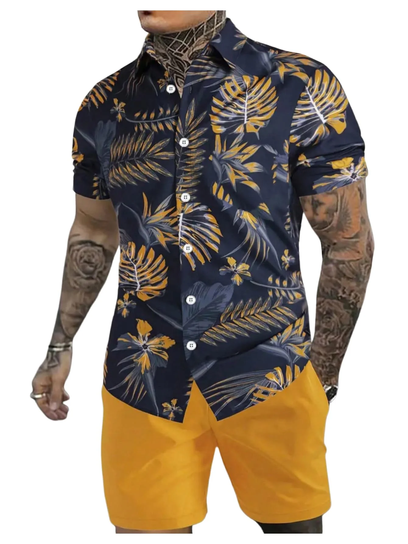 Men's Alike Two-Piece - Navy Leaf Print Shirt & Shorts