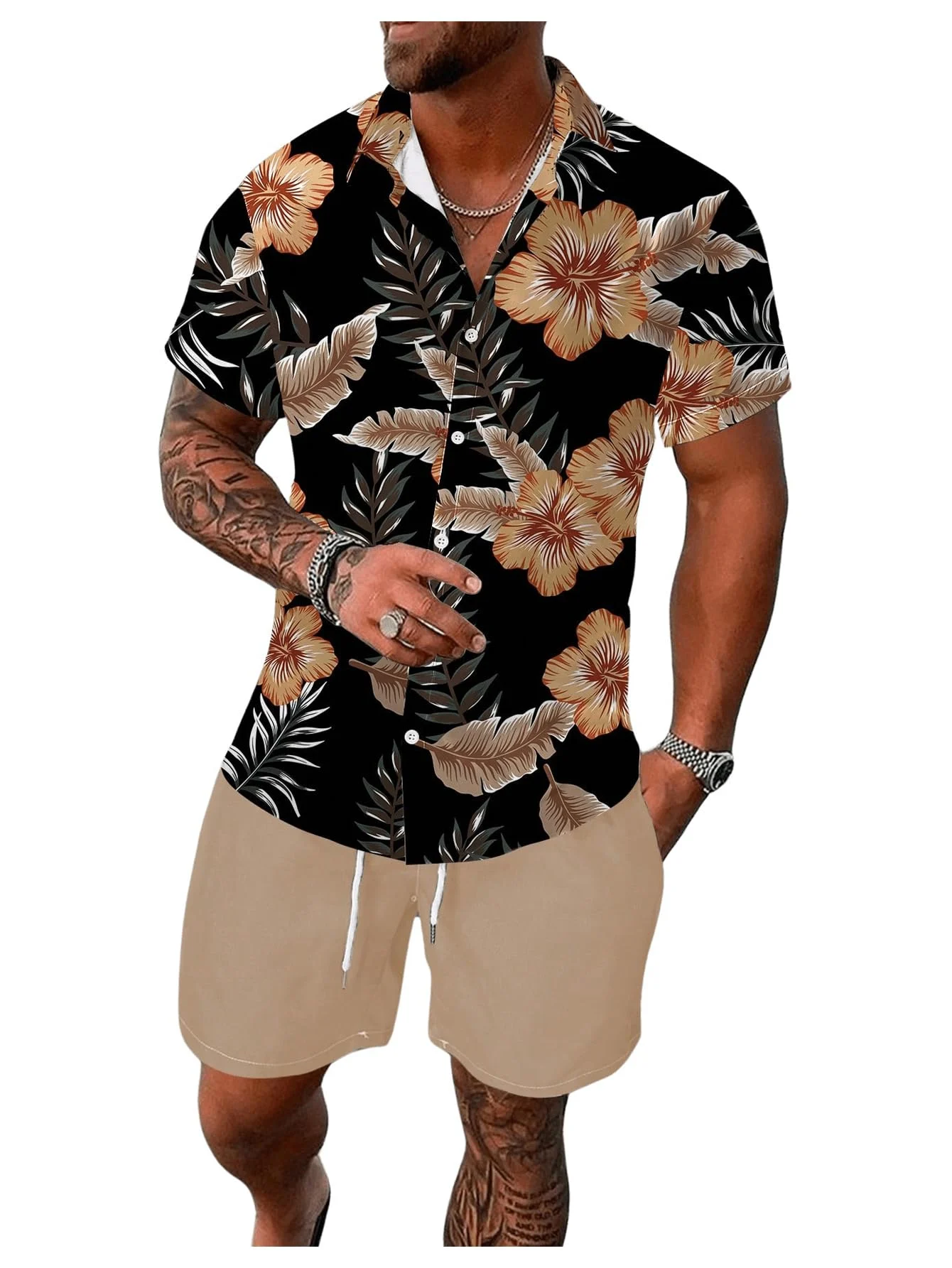 Men's Black Hawaiian Shirt with Brown Hibiscus Print & Khaki Shorts Set