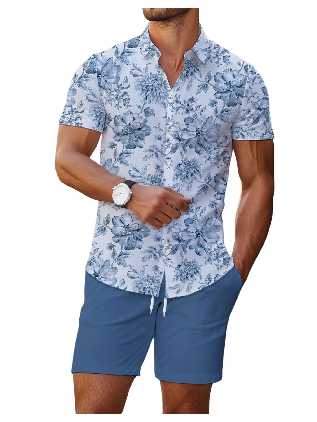 Men's Casual Short Sleeve Button Down Shirt with Cool Tone Floral Pattern & Blue Shorts