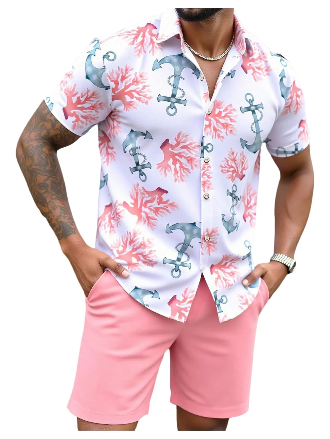 Men's Hawaiian Anchor Print Shirt & Pink Shorts Set