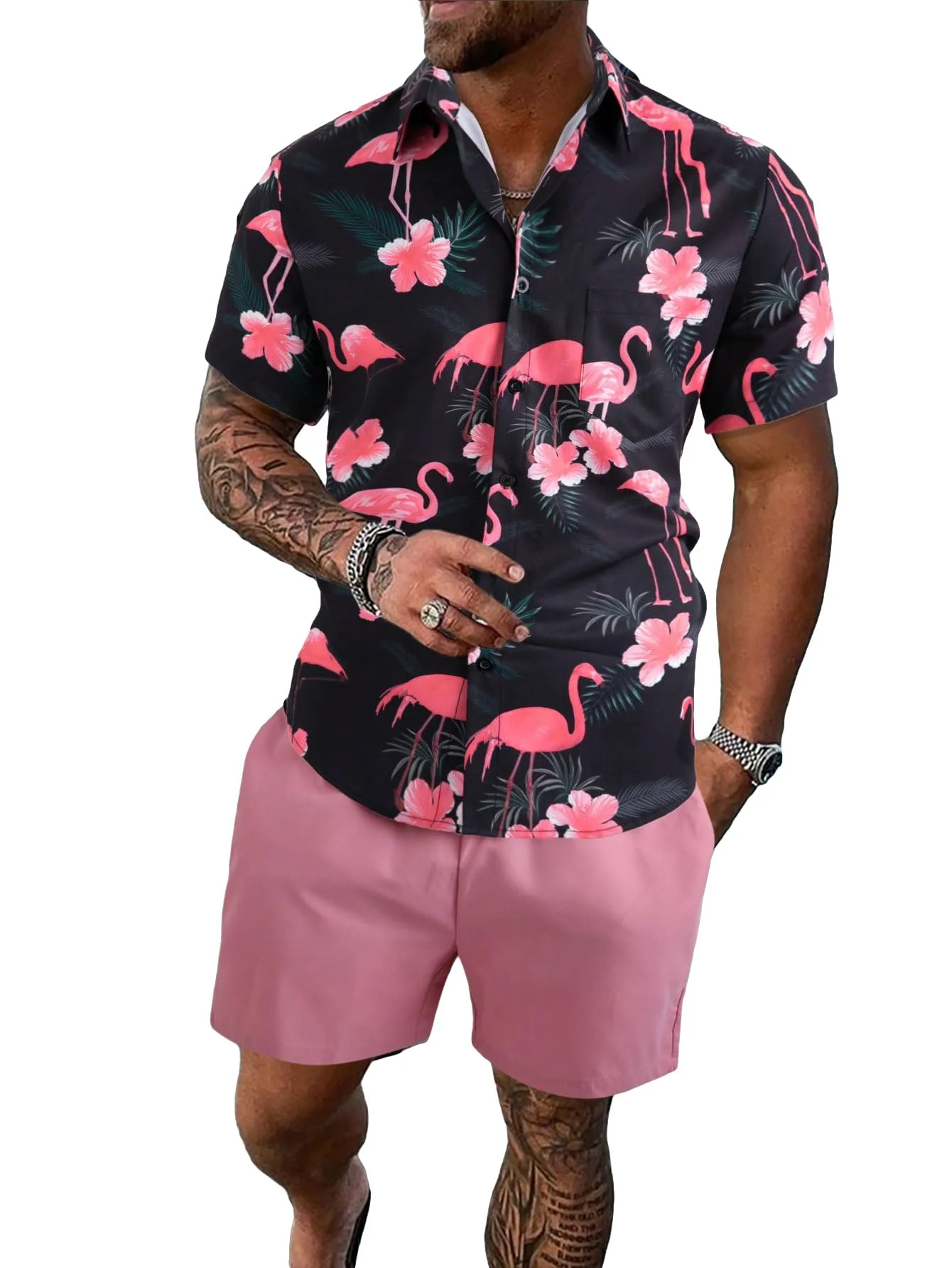 Men's Hawaiian Flamingo & Floral Print Button Down Shirt & Shorts Set