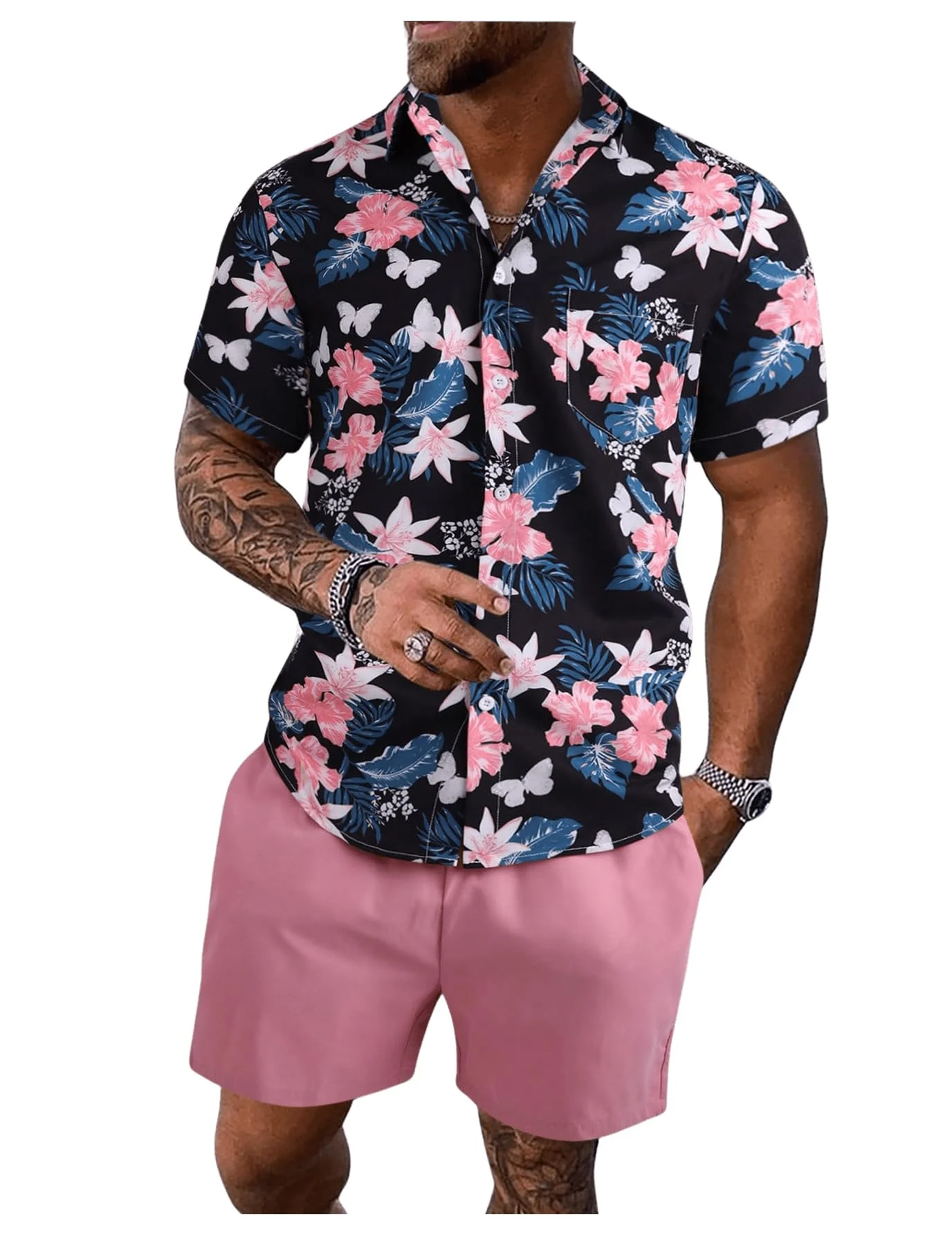 Men's Hawaiian Floral & Butterfly Print Button Down Shirt & Shorts