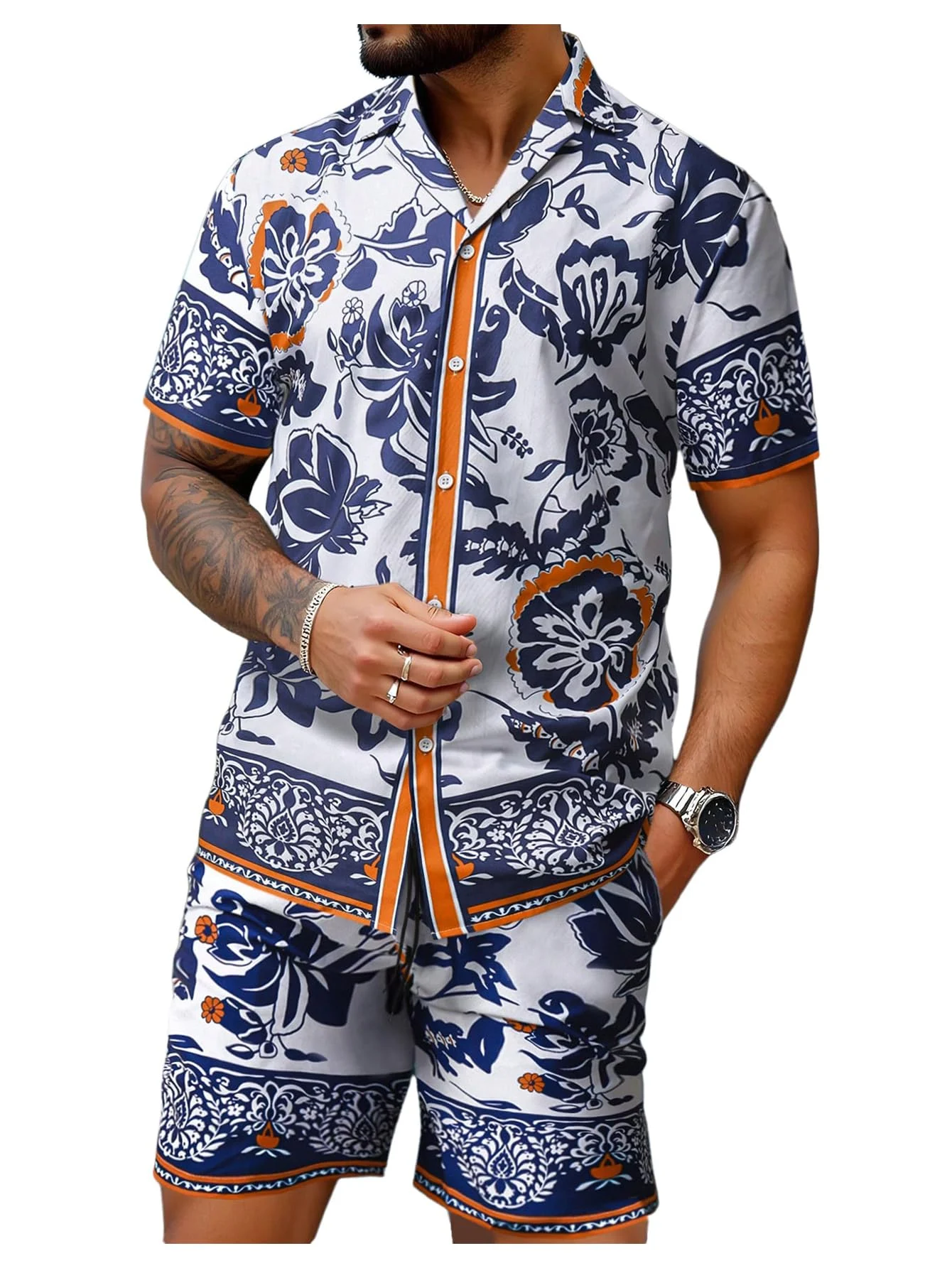 Men's Hawaiian Floral & Paisley Border Print Button Down Shirt & Matching Shorts Set