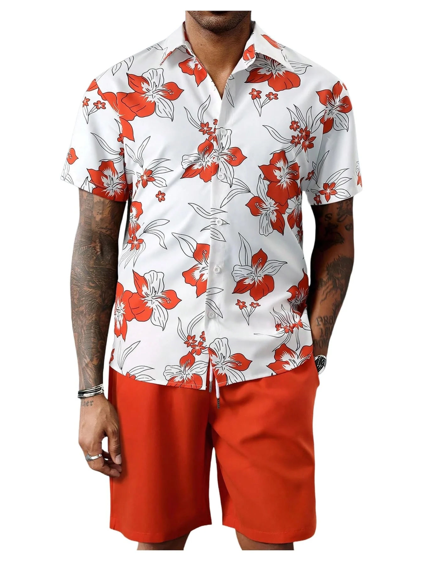 Men's Hawaiian Floral Print Shirt & Solid Shorts Matching Set