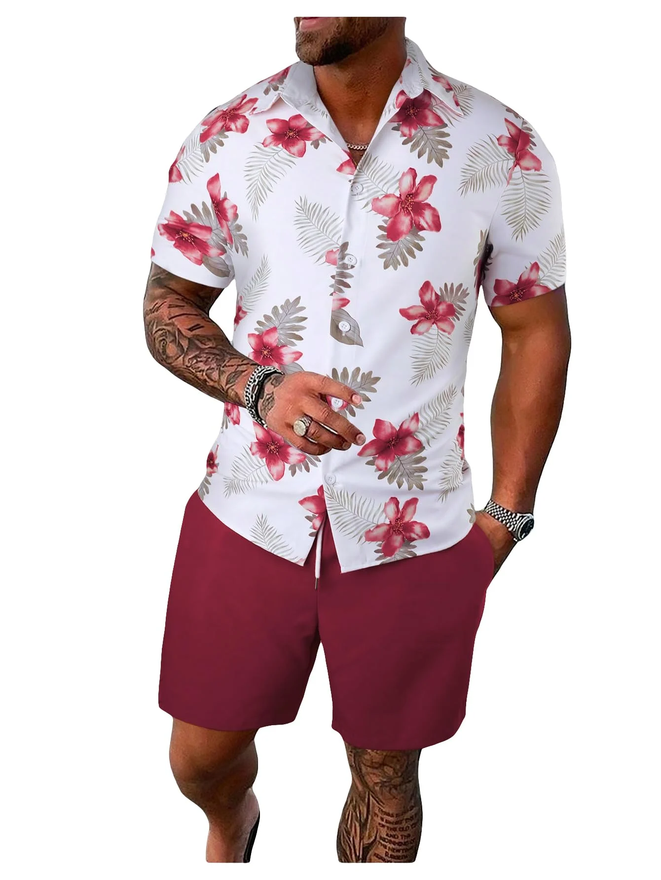 Men's Hawaiian Floral Shirt & Burgundy Shorts Set