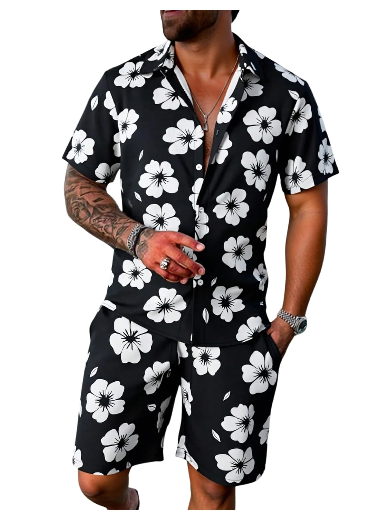 Men's Hawaiian Matching Set - Black & White Floral Print Shirt & Shorts Outfit