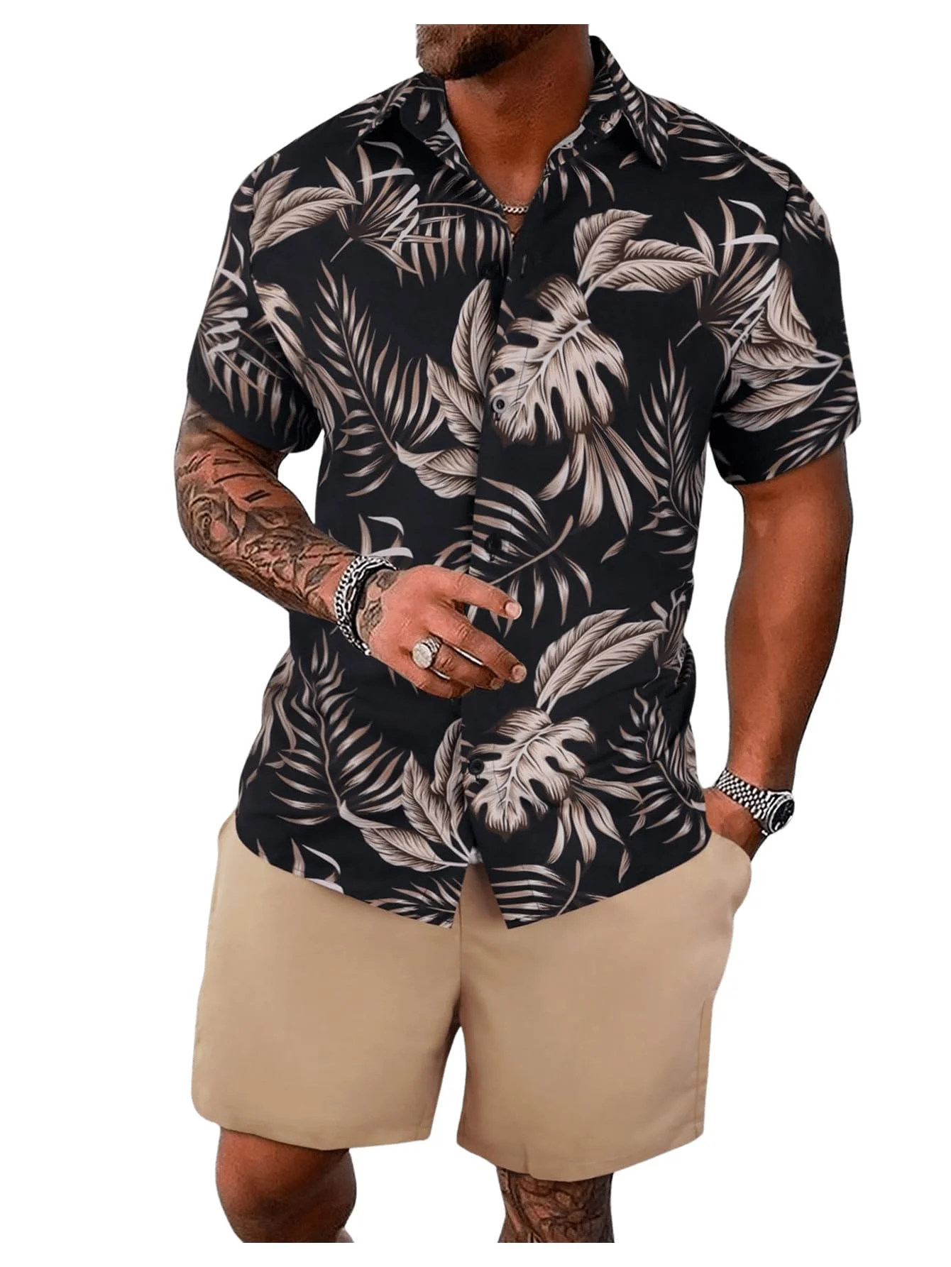 Men's Hawaiian Print Button Down Shirt & Shorts Set - Short Sleeve Palm Leaf Beach Outfit