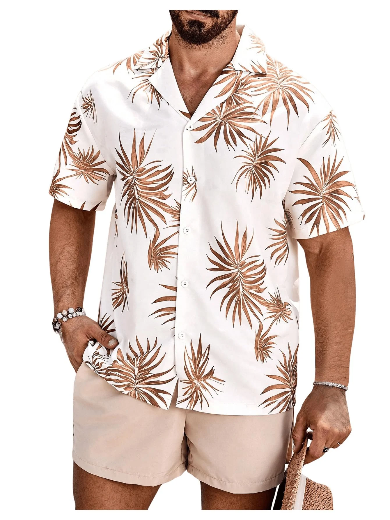 Men's Hawaiian Short Sleeve Button Down Shirt & Shorts Set with Tropical Palm Leaf Print