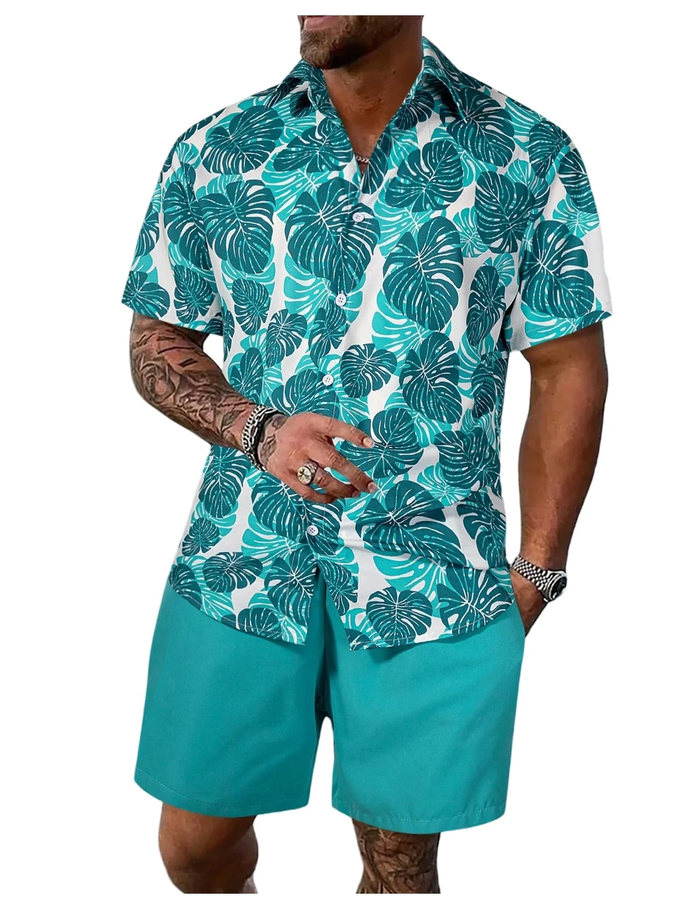 Men's Hawaiian Tropical Leaf Print Button Down Shirt & Teal Shorts Set