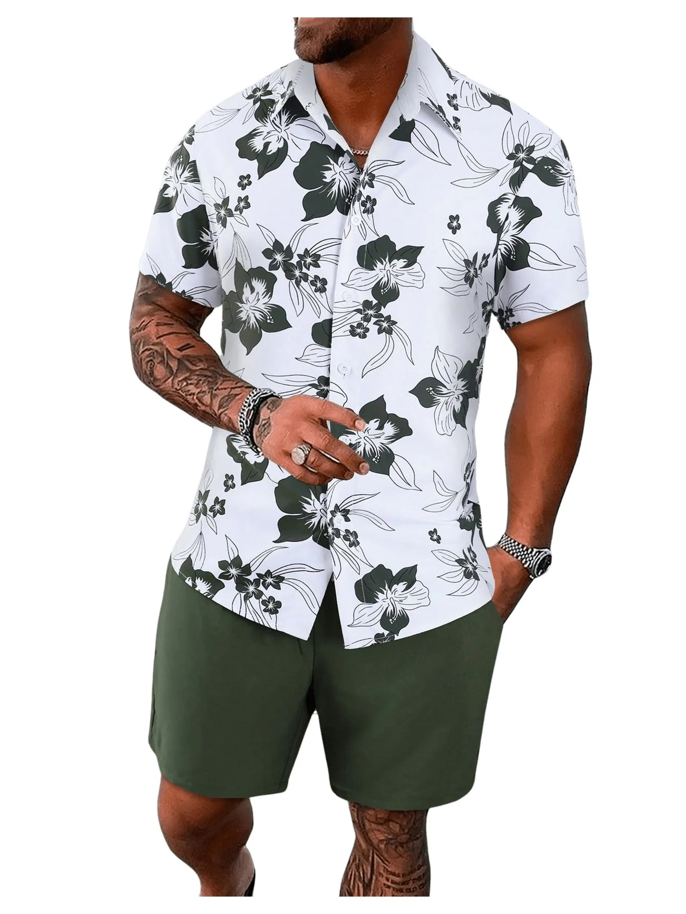 Men's Resort Wear Matching Set - White Hawaiian Shirt with Dark Flowers & Shorts