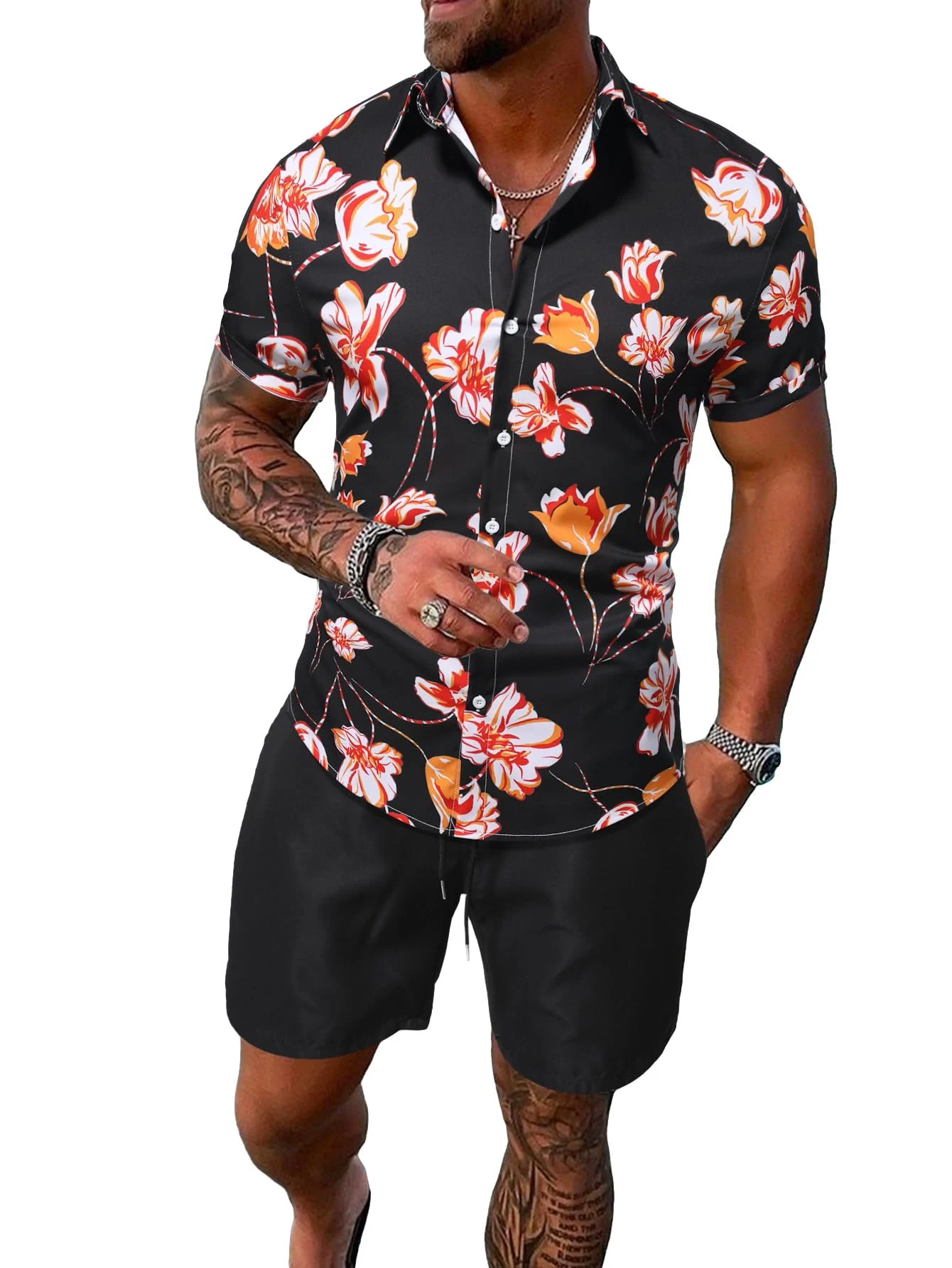 Men's Tropical Floral Print Hawaiian Shirt & Shorts Set - Black