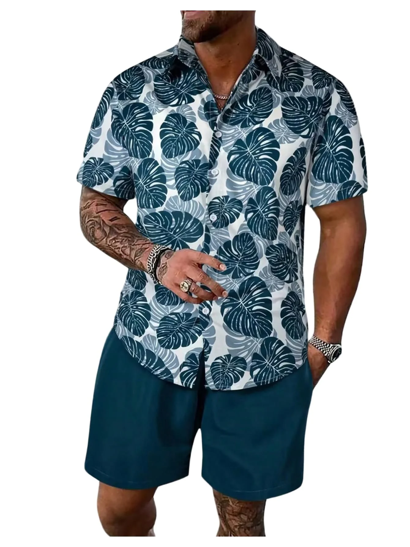 Men's Tropical Leaf Short Sleeve Shirt & Solid Blue Shorts Set