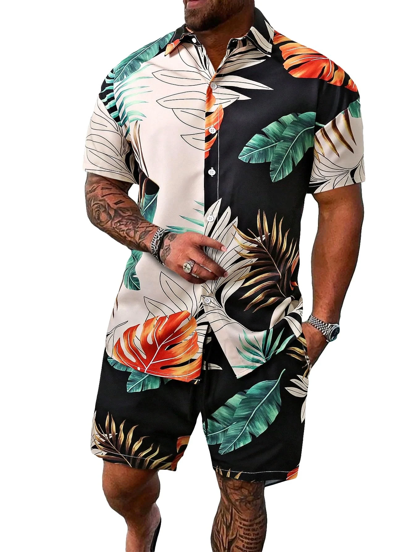 Men's Vacation Beach Outfit - Split Floral Print Shirt & Shorts - Green