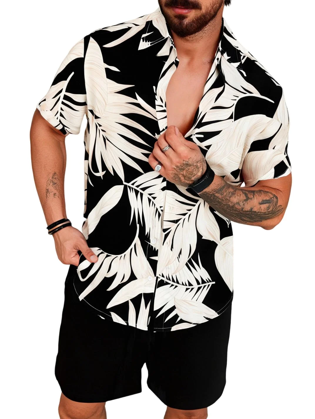 Men's Vacation Ready Hawaiian Shirt with Bold White Leaf Pattern & Black Shorts